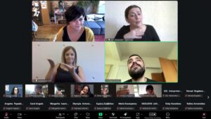 Image with a print screen from an online event with two speakers, one woman and one visually impaired man, and two sign language interpreters. 